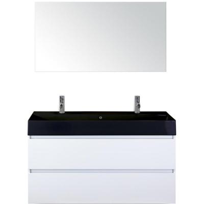 Maxx XL Badmeubelset 120 cm - Wit Hoogglans - Wastafel Kube Enkel Zwart 2 Kraangaten met Spiegel