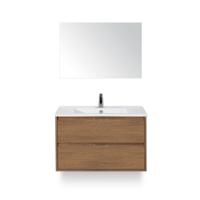 Porto Badmeubelset 90 cm - Honey - Keramische Wastafel Wit Slim - met Spiegel - thumbnail