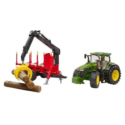 bruder John Deere 7R 350 met aanhanger en 4 boomstammen modelvoertuig - thumbnail