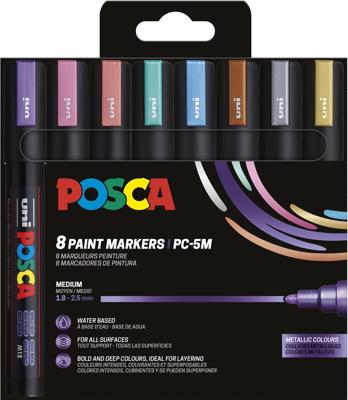 Uni POSCA paintmarker PC-5M, 1,8 - 2,5 mm, etui van 8 stuks in metallic kleuren Uni POSCA paintmarker PC-5M, 1,8 - 2,5 mm, etui van 8 stuks in metallic kleuren