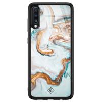 Samsung Galaxy A50 glazen hardcase - Goud blauw marmer - thumbnail