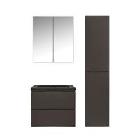 Badkamermeubel Set Callisto Diamond Hangend 60x50x48cm Mat Grijs Softclose Greeploos Kwartsteen Wastafel Zonder Kraangat Overloop met Spiegelkast en Badkamerkast - thumbnail