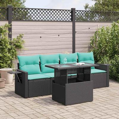 5-delige Loungeset met kussens poly rattan acacia zwart