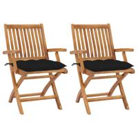 Tuinstoelen 2 st met zwarte kussens massief teakhout - thumbnail