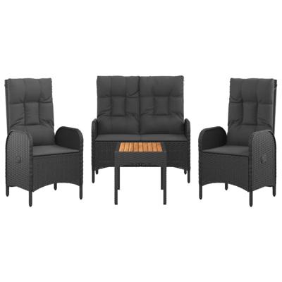 4-delige Tuinset met kussens poly rattan zwart