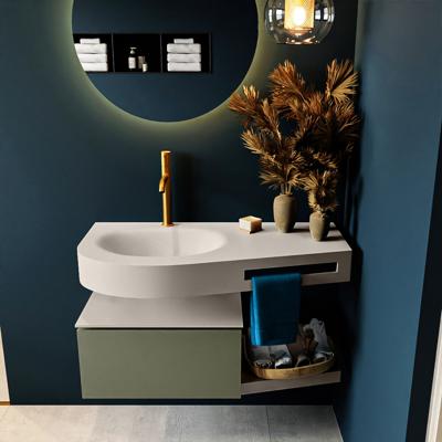 MONDIAZ RIVA 100cm badmeubel onderkast / planchet kleur Army met 1 lade. Wastafel DULCET links 1 kraangat kleur Linen.