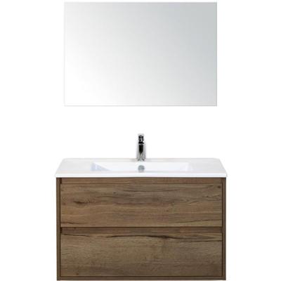 Porto Badmeubelset 90 cm - Tabacco - Keramische Wastafel Wit Slim met Spiegel