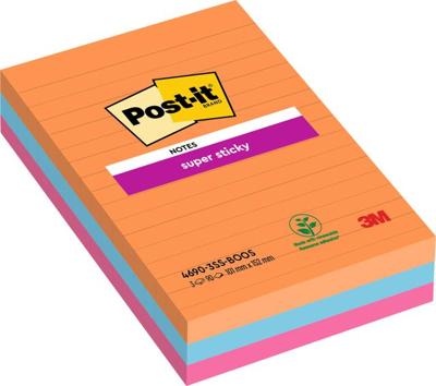 Post-it Super Sticky Notes XXL Boost, 90 vel, ft 101 X 152 mm, gelijnd, geassorteerde kleuren, pak van 3