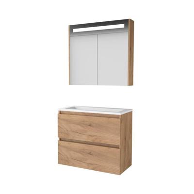 Basic-Line Premium 39 Badkamermeubelset - Ondiep - 80 x 39 cm - Greeploos - 2 Lades - Acryl Wastafel - Zonder Kraangat - Spiegelkast met LED Verlichting - Whisky Oak