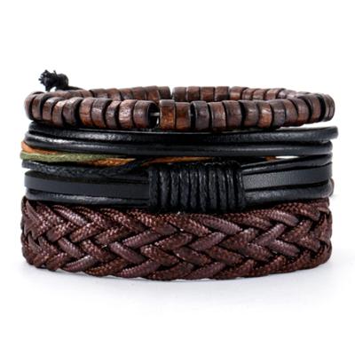 Heren armbanden set gevlochten leer Kralen Touw Bruin Zwart