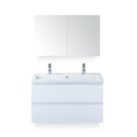 Vogue Badmeubelset 100 cm - Greeplijst in kleur - Wit Hoogglans - Keramische Wastafel Wit 2 kraangaten - met Spiegelkast - thumbnail