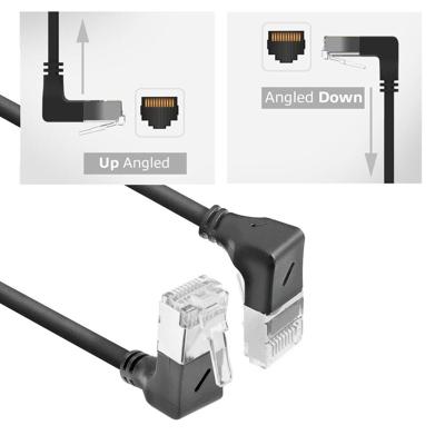 ACT Zwarte 5 meter U/FTP CAT6A LSZH Slimline patchkabel met RJ45 connectoren 90° haaks beneden naar