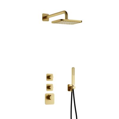 Hotbath Gal - Inbouw Regendoucheset - Geborsteld Messing PVD - 2 Stopkranen - Thermostatisch - Wandarm 35 cm - Hoofddouche 220 mm - Staafhanddouche - V01