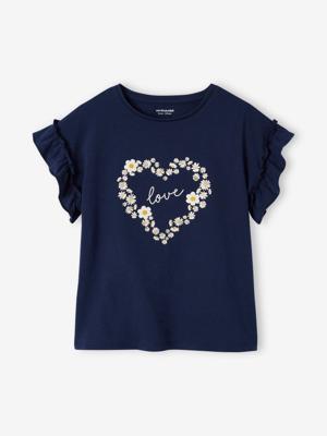 Meisjes-T-shirt met iriserend motief en korte mouwen met ruches marineblauw Meisjes-T-shirt met iriserend motief en korte mouwen met ruches marineblauw