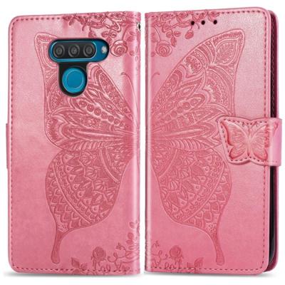 Vlinder liefde bloemen reliëf horizontale Flip lederen case voor LG q60 met houder & card slots & portemonnee & Lanyard (roze)