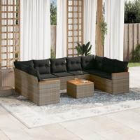 10-delige Loungeset met kussens poly rattan grijs - thumbnail