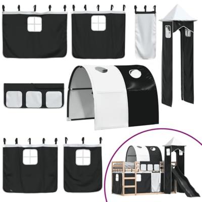 Stapelbed met glijbaan en gordijnen wit en zwart 80x200 cm