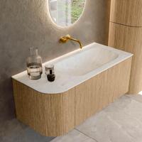 Mondiaz KURVE-DLUX 105 cm Onderkast Greeploos 1 Lade Met Deuren Oak, Wastafel Solid Surface Rechts Opalo 0 Kraangaten Zonder Spiegel (KRVBGS105L1L1D0KR-Oak/Opa) - thumbnail