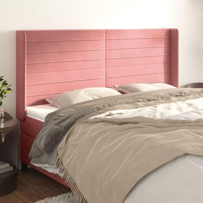 Hoofdbord met randen 163x16x118/128 cm fluweel roze - thumbnail