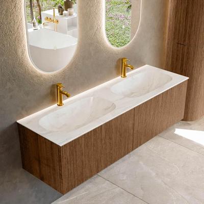 Mondiaz KURVE-DLUX 150 cm Onderkast Greeploos 2 Lades Zonder Deuren Walnut, Wastafel Solid Surface Dubbel Ostra 2 Kraangaten Zonder Spiegel (KRVSTS1502L0D2KD-Wal/Ost)