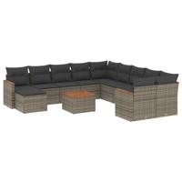 12-delige Loungeset met kussens poly rattan grijs - thumbnail