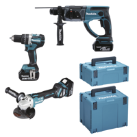 Makita DLX3093TJ 18V LXT 3 delige set: DGA513 Haakse slijper + DHP484 (Klop)boormachine + DHR202 Boorhamer met 3 x 5.0Ah accu's - DLX3093TJ - thumbnail