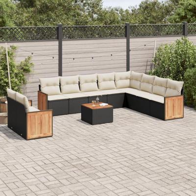 11-delige Loungeset met kussens poly rattan zwart