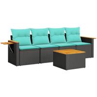 5-delige Loungeset met kussens poly rattan zwart - thumbnail
