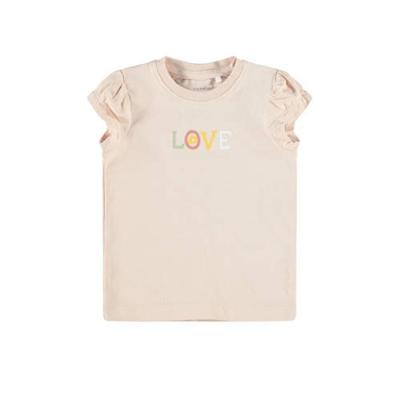 NAME IT BABY baby T-shirt Jessica met tekst en plooien zalmroze