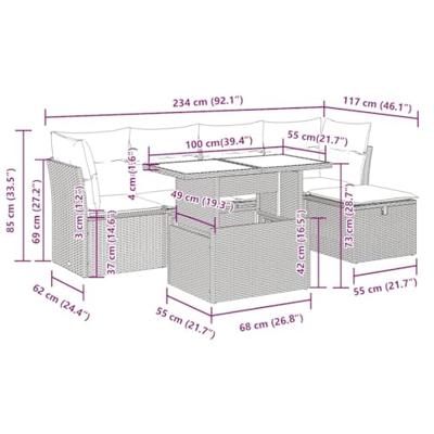 6-delige Loungeset met kussens poly rattan beige