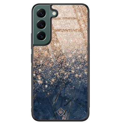 Samsung Galaxy S22 Plus glazen hardcase - Marmer blauw rosegoud Samsung Galaxy S22 Plus glazen hardcase - Marmer blauw rosegoud