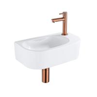 QeramiQ Fuente Fonteinset - 40x21.5x12cm - rechts - glad - halfrond - 1 kraangat - keramiek - fonteinkraan geborsteld koper - afvoerplug - verlaagd sifon - wit glans SW1209550/SW799405/SW799403/SW970033 - thumbnail