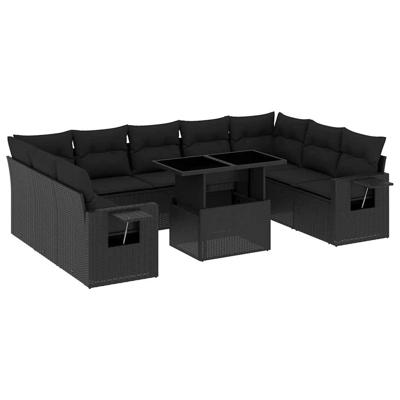 10-delige Loungeset met kussens poly rattan zwart