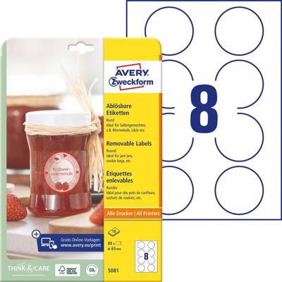 Avery-Zweckform 5081 Universele etiketten Ø 65 mm Papier Wit 80 stuk(s) Weer verwijderbaar Laser (kleur), Laser (zwart/wit), Inkjet Avery-Zweckform 5081 Universele etiketten Ø 65 mm Papier Wit 80 stuk(s) Weer verwijderbaar Laser (kleur), Laser (zwart/wit), Inkjet