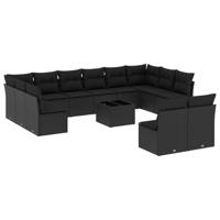 12-delige Loungeset met kussens poly rattan zwart - thumbnail
