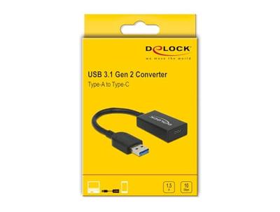 Delock 65698 Converter USB 3.2 Gen 2 Type-A male > USB Type-C female Actief zwart 15cm