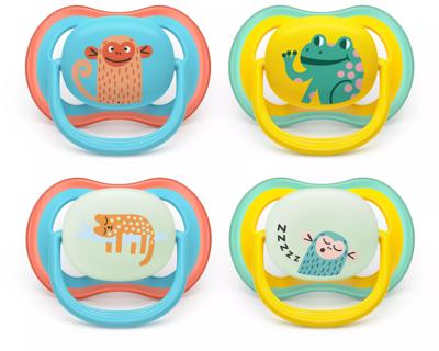 Verpakking van 4 Ultra Air fopspenen - PHILIPS AVENT - SCF087/27 - Dag en Nacht - BPA-vrij - 18 maanden en ouder - Groen/Oranje