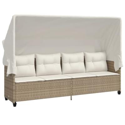 Ligbed met luifel en kussen poly rattan beige