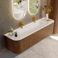 Mondiaz KURVE-DLUX 170 cm Onderkast Greeploos 1 Lade Met Deuren Walnut, Wastafel Solid Surface Midden Ostra 2 Kraangaten Zonder Spiegel (KRVBGL170L+R1L2D2KM-Wal/Ost) - thumbnail