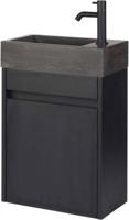 Saqu Florence voorgemonteerd fonteinmeubel in Eiken zwart met natuurstenen fontein en zwarte kraan rechts - thumbnail