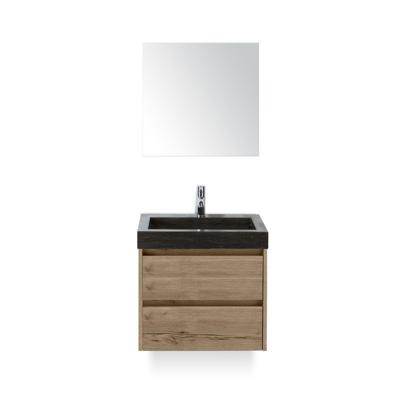 Dante Badmeubelset 60 cm - Natuur Eiken - Wastafel Hardsteen Wit Lucca - met Spiegel