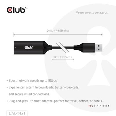 CLUB3D USB 5GBPS TYPE-A TO RJ45 ETHERNET M/F ADAPTER CLUB3D USB 5GBPS TYPE-A TO RJ45 ETHERNET M/F ADAPTER