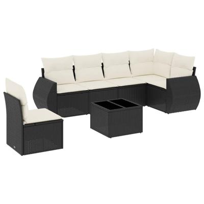 7-delige Loungeset met kussens poly rattan zwart