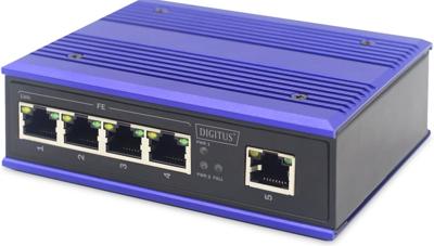 DIGITUS netwerk-switch - 5-poorts Fast Ethernet - DIN-rail montage - klemlijst - Ventilatorloos - Zwart/blauw