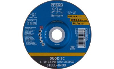 PFERD TOOLS 62015420 E 150-3,5 PSF DUO STEELOX Afbraamschijf gebogen Diameter 150 mm Boordiameter 22.23 mm RVS, Staal, IJzerslag 10 stuk(s) PFERD TOOLS 62015420 E 150-3,5 PSF DUO STEELOX Afbraamschijf gebogen Diameter 150 mm Boordiameter 22.23 mm RVS, Staal, IJzerslag 10 stuk(s)