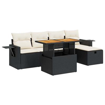 6-delige Loungeset met kussens poly rattan acacia zwart