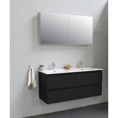 On-Line Badkamermeubelset - 120 cm - Voorgemonteerd - Porseleinen Wastafel - 2 Kraangaten - Spiegelkast - Mat Zwart