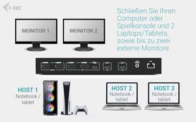 I-tec USB-C KVM Dock PRO for Three Hosts, Dual Video, with 2x Power Delivery, max 92W