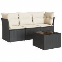 4-delige Loungeset met kussens poly rattan zwart - thumbnail