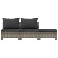 3-delige Loungeset met kussens poly rattan grijs - thumbnail